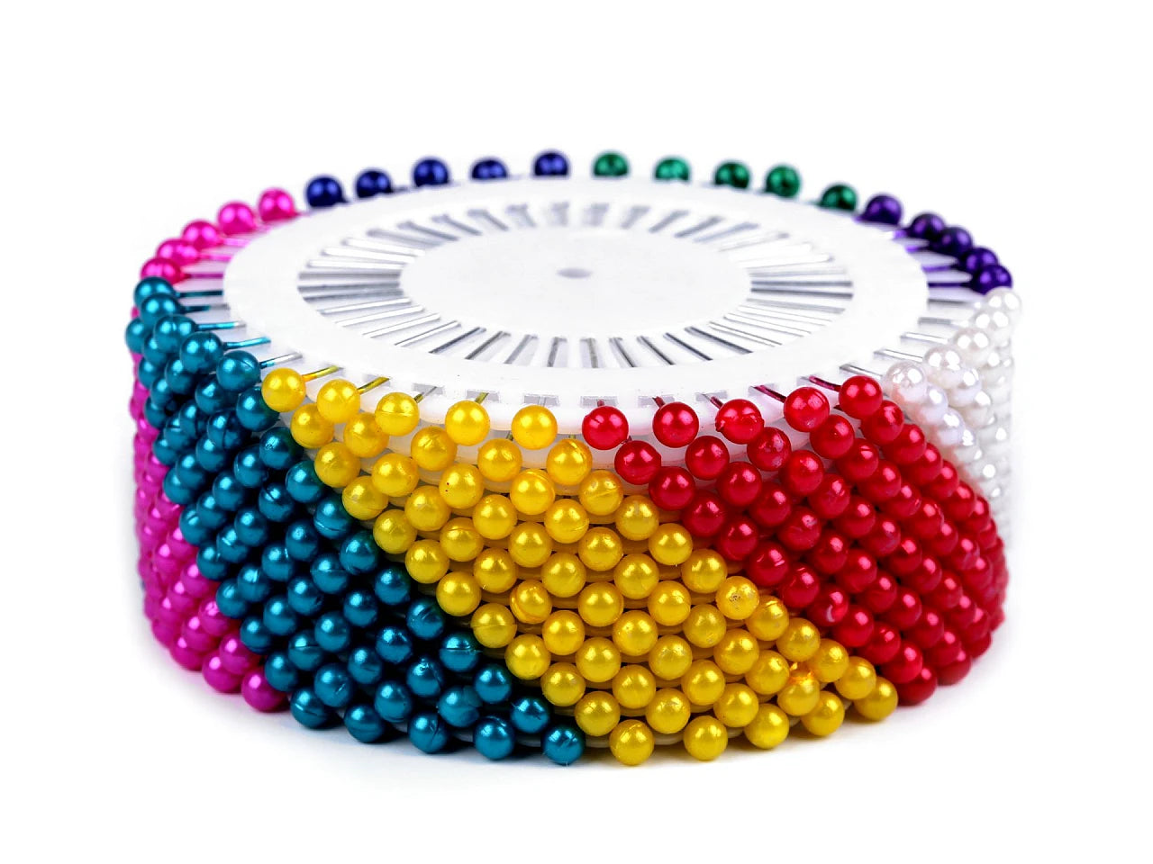 Špendlíky silnější pro tkaniny délka 37 cm na rozetě s barevnou hlavičkou