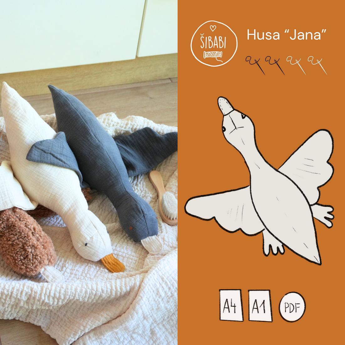 střih na hračku pro miminko -  měkká husa Jana