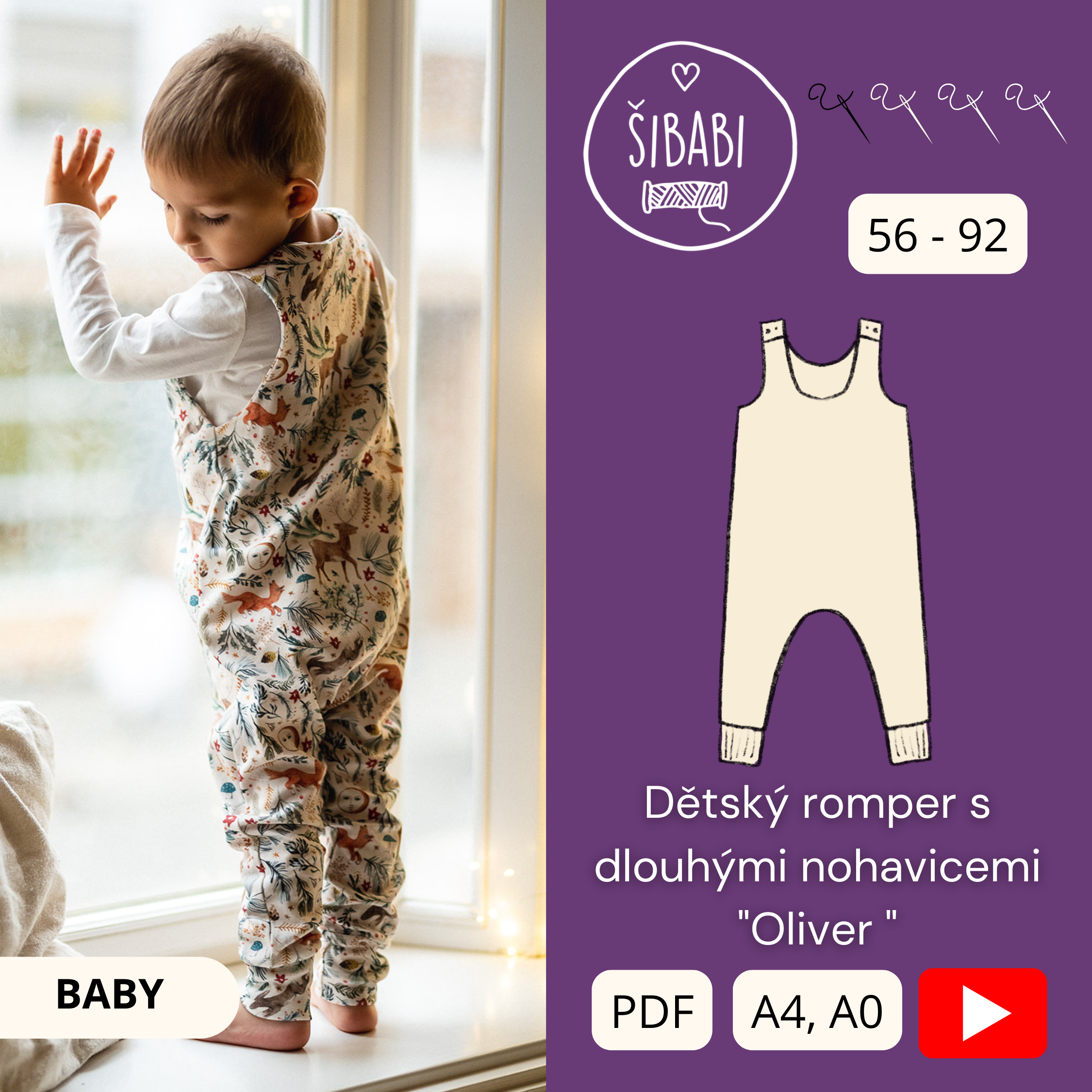 Dětský romper s dlouhými nohavicemi "Oliver " 56 - 92 - PDF střih