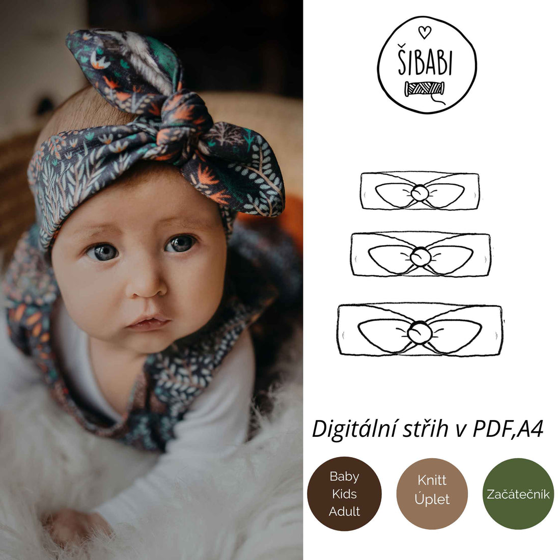 Dětská vázací čelenky pro děti "Megg" - PDF střih