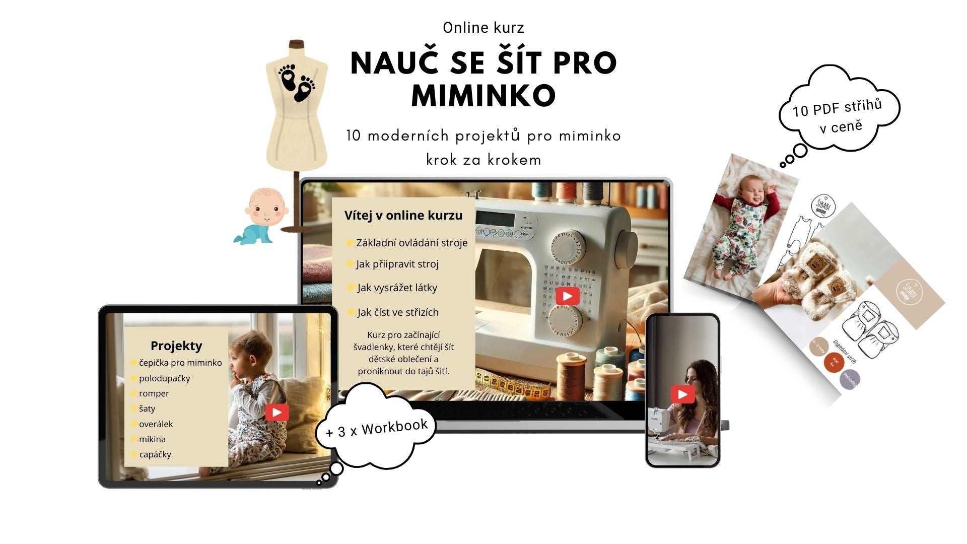 Balíček 10 střihů + Online kurz " Šijeme pro miminko" zdarma - PDF