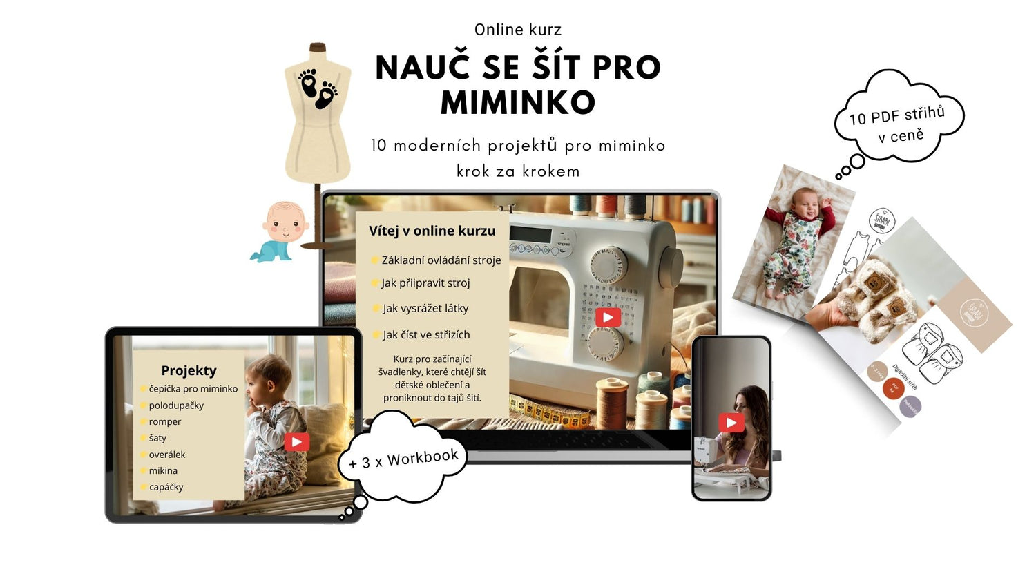 Balíček 10 střihů + Online kurz &quot; Šijeme pro miminko&quot; zdarma - PDF