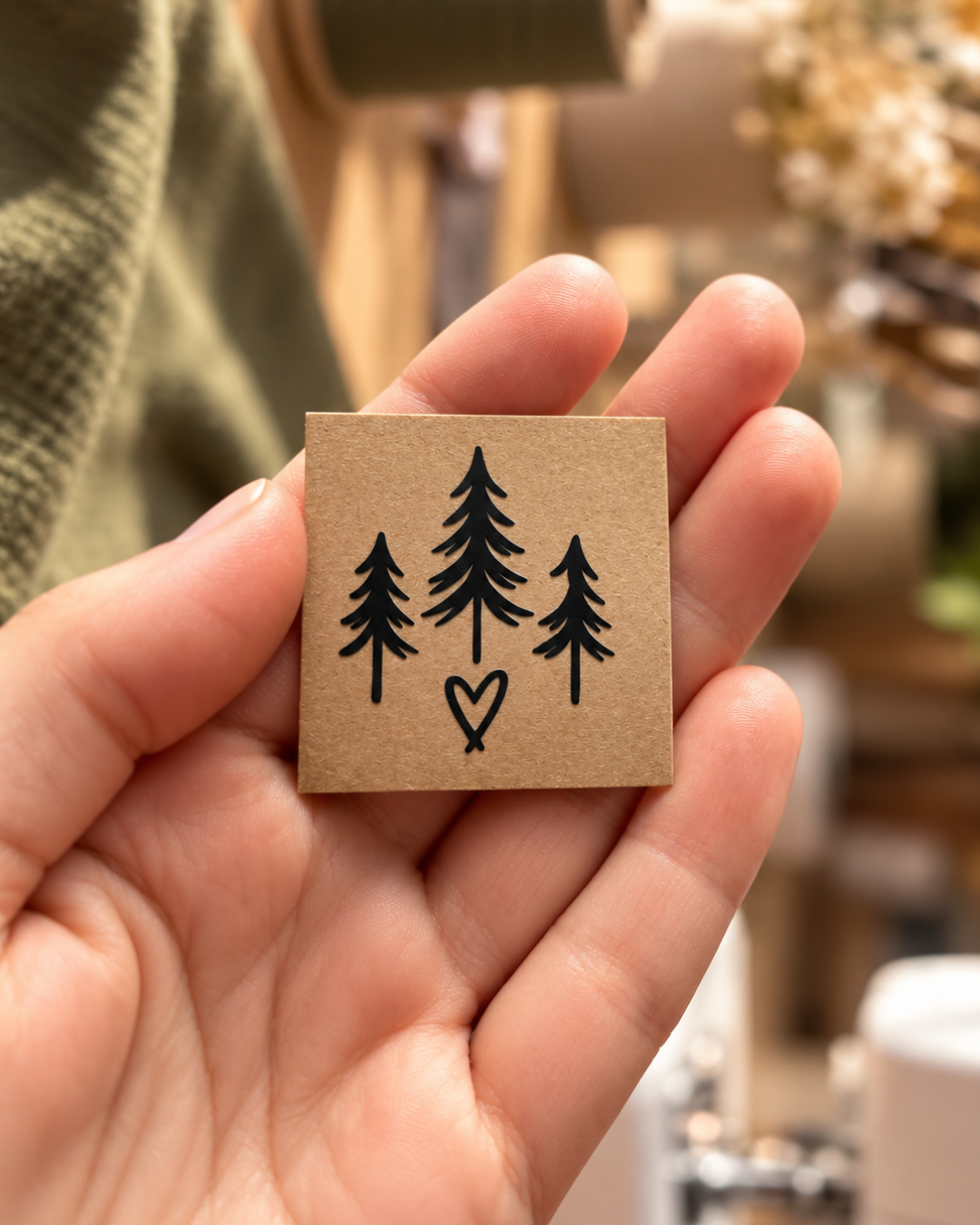 Etiketa z pratelného papíru 4 x 4 cm – tři stromky - hnědá